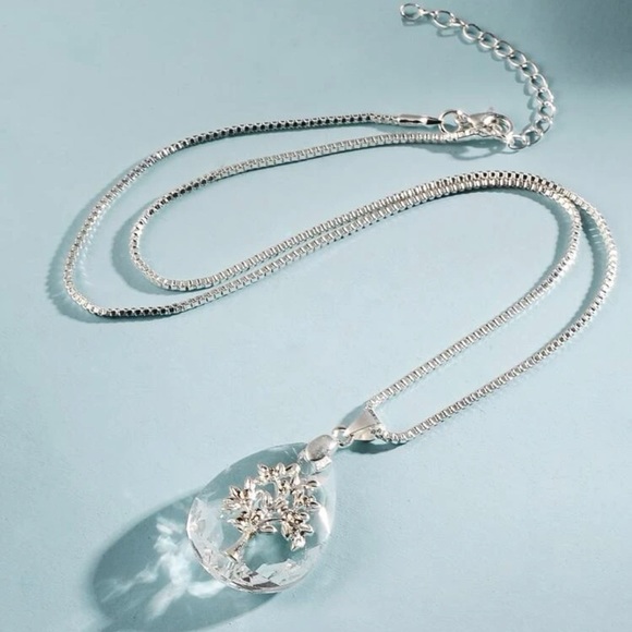 Silver Tree Detail Water Drop Necklace - Picture 2 of 5